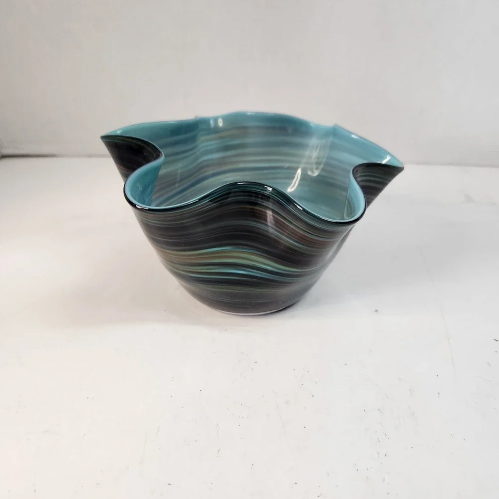 Vintage 3 Pc Murano-Style Art Glass Handkerchief Bowl Set Blue-Green Swirl Read